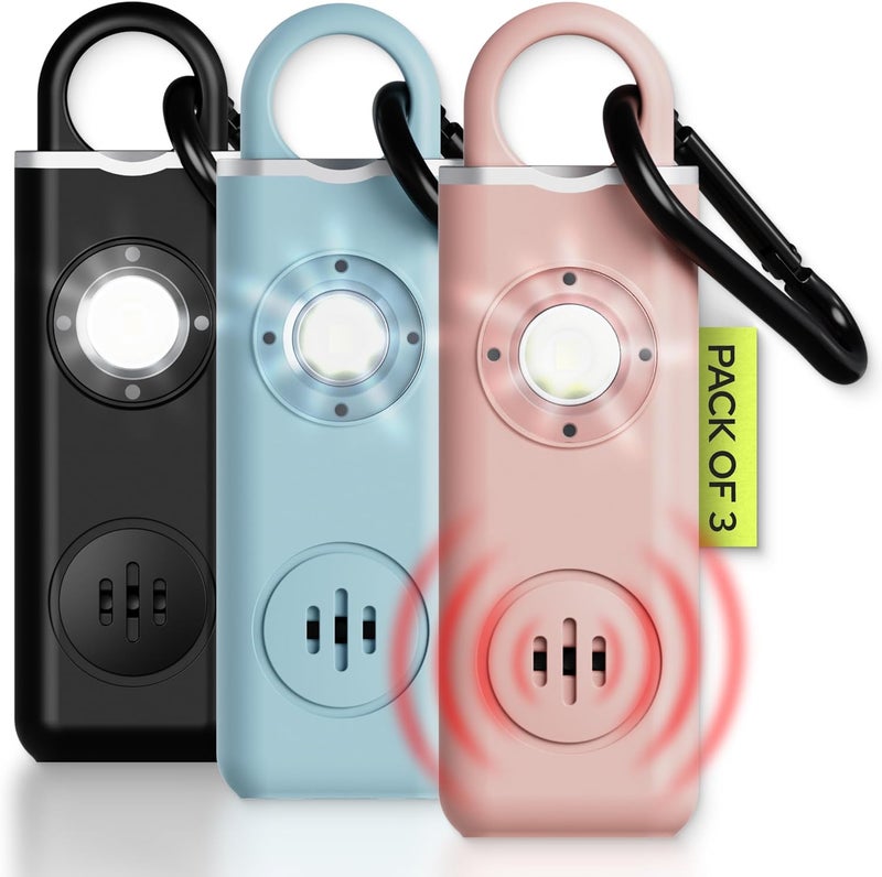 WETEN Personal Safety Alarm for Women - 130dB Loud Panic Siren Keychain 3 Pack - Rape Whistle - LED Light, Carabiner Clip, Low Battery Alert, USB-C Charging Self Defense Alarm (Black Pink Blue) - Image 1